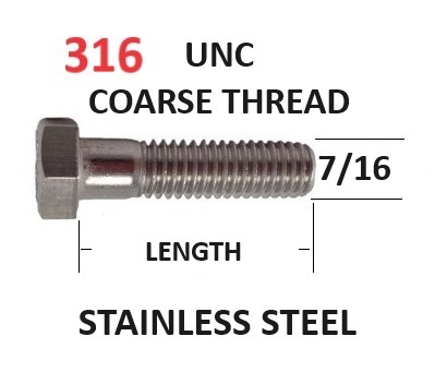 7/16 UNC Hex Head Bolts Stainless Steel Marine Grade 316 A4-70  Select Length